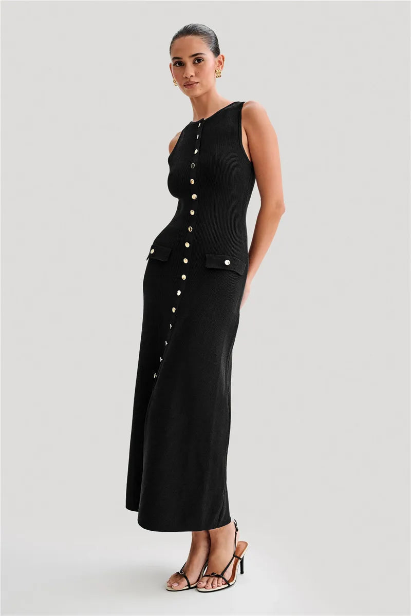 Knit Maxi Dress with Pockets Button Front