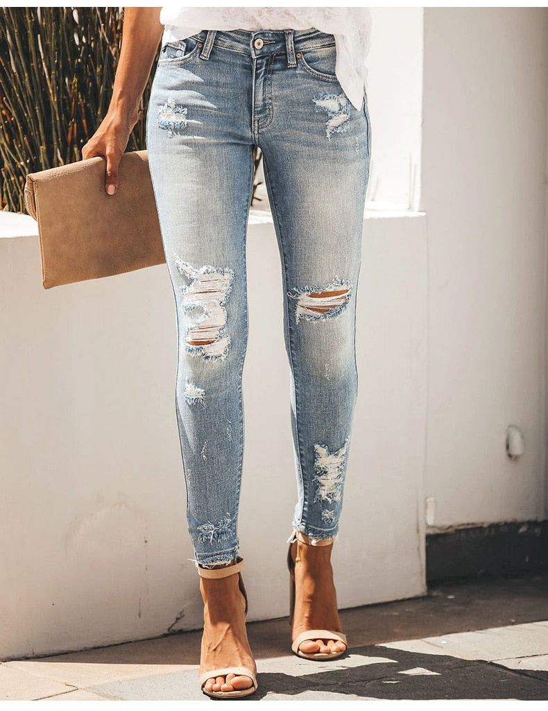 Blue Ripped High Waist Slim Denim Jean