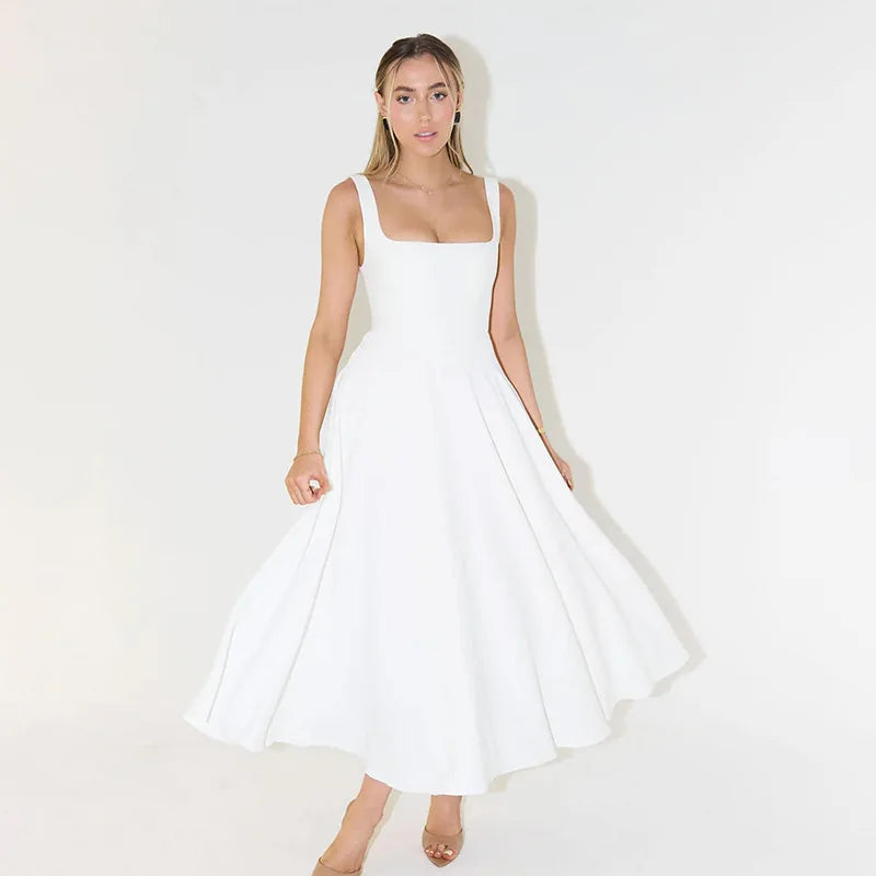 Square Neck Black Strap Spaghetti Maxi Dress