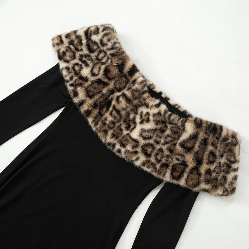 Leopard Print Fluff Spliced Maxi Dress