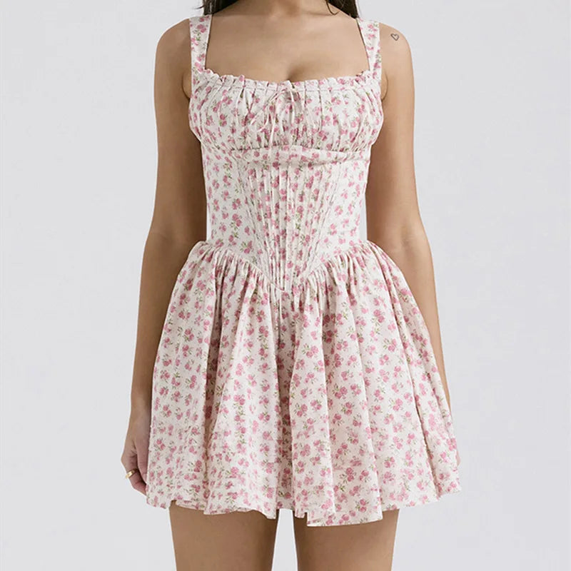 Floral Print Open Back Corset A Line Mini Dress