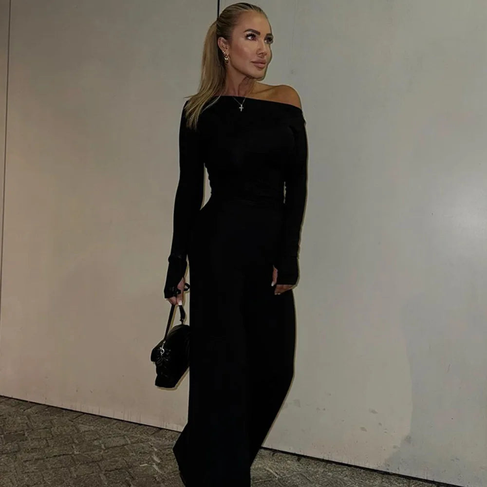 One Shoulder Flare Sleeve Top Pant Suit Party Dress
