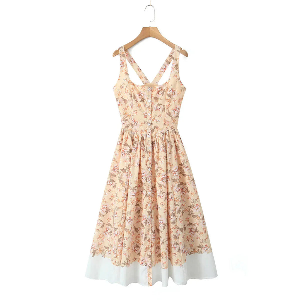 Slash Collar Floral Corset Pleated Midi Dress