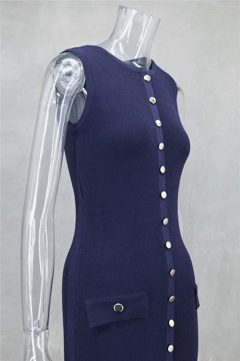 Knit Maxi Dress with Pockets Button Front