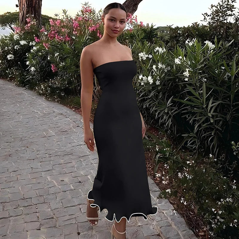 Frill Trim Tube Style Midi Dress