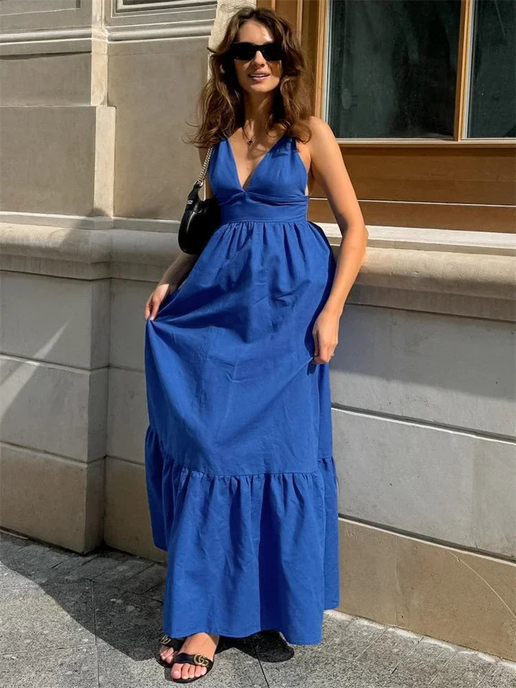 Patchwork Sleeveless Solid Color Maxi Dress