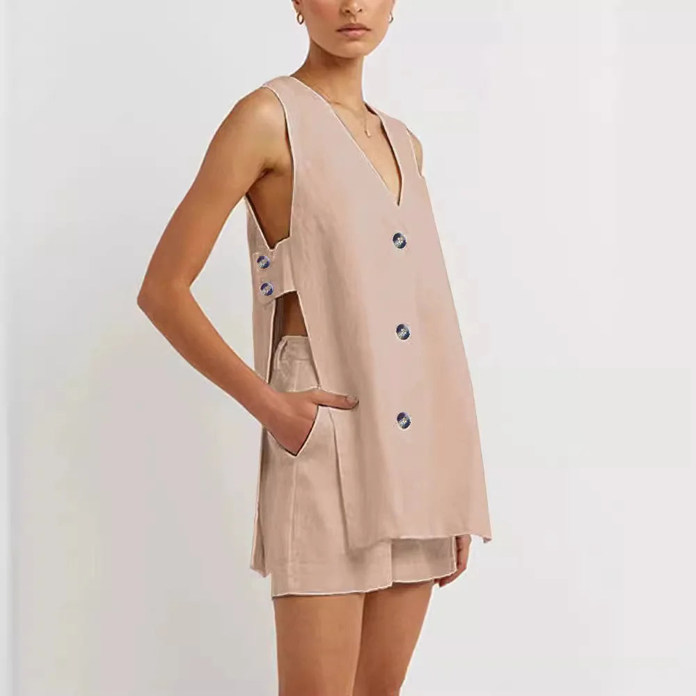 Cotton V Neck Buttoned Vest Shorts Party Dress