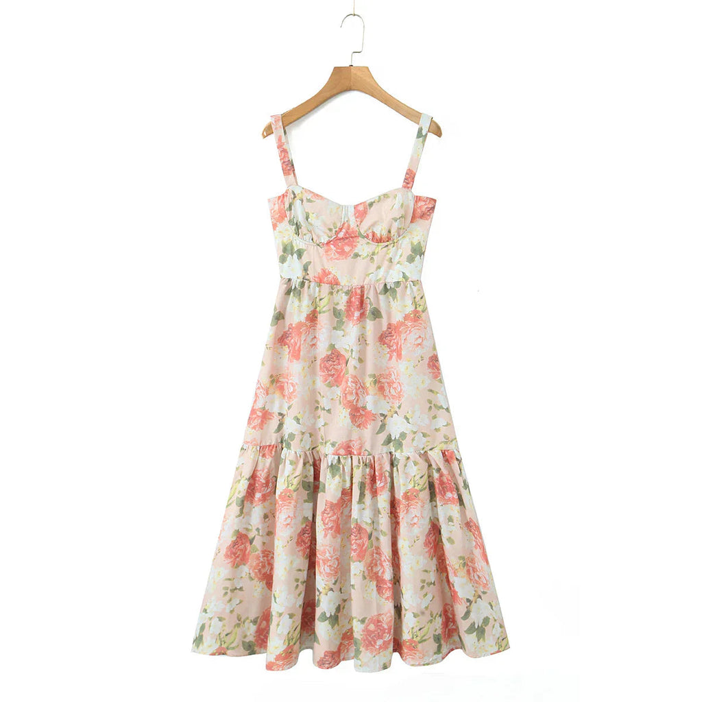 Floral Corset Ruffled Bra Top Midi Dress