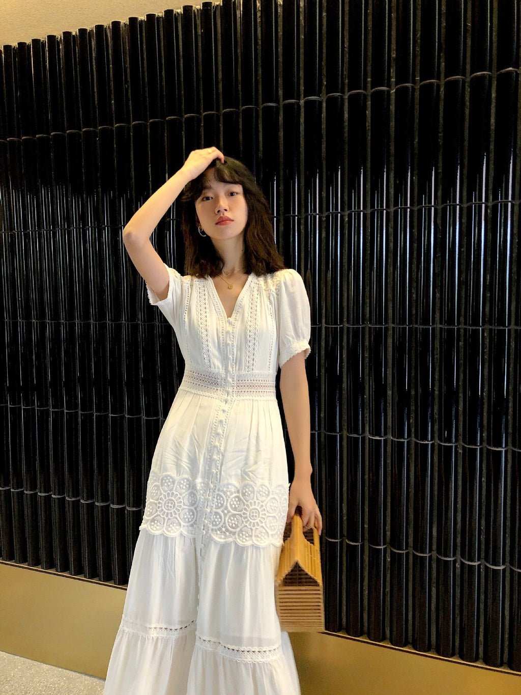 Cotton Patchwork Lace Lantern Sleeve Maxi Dress