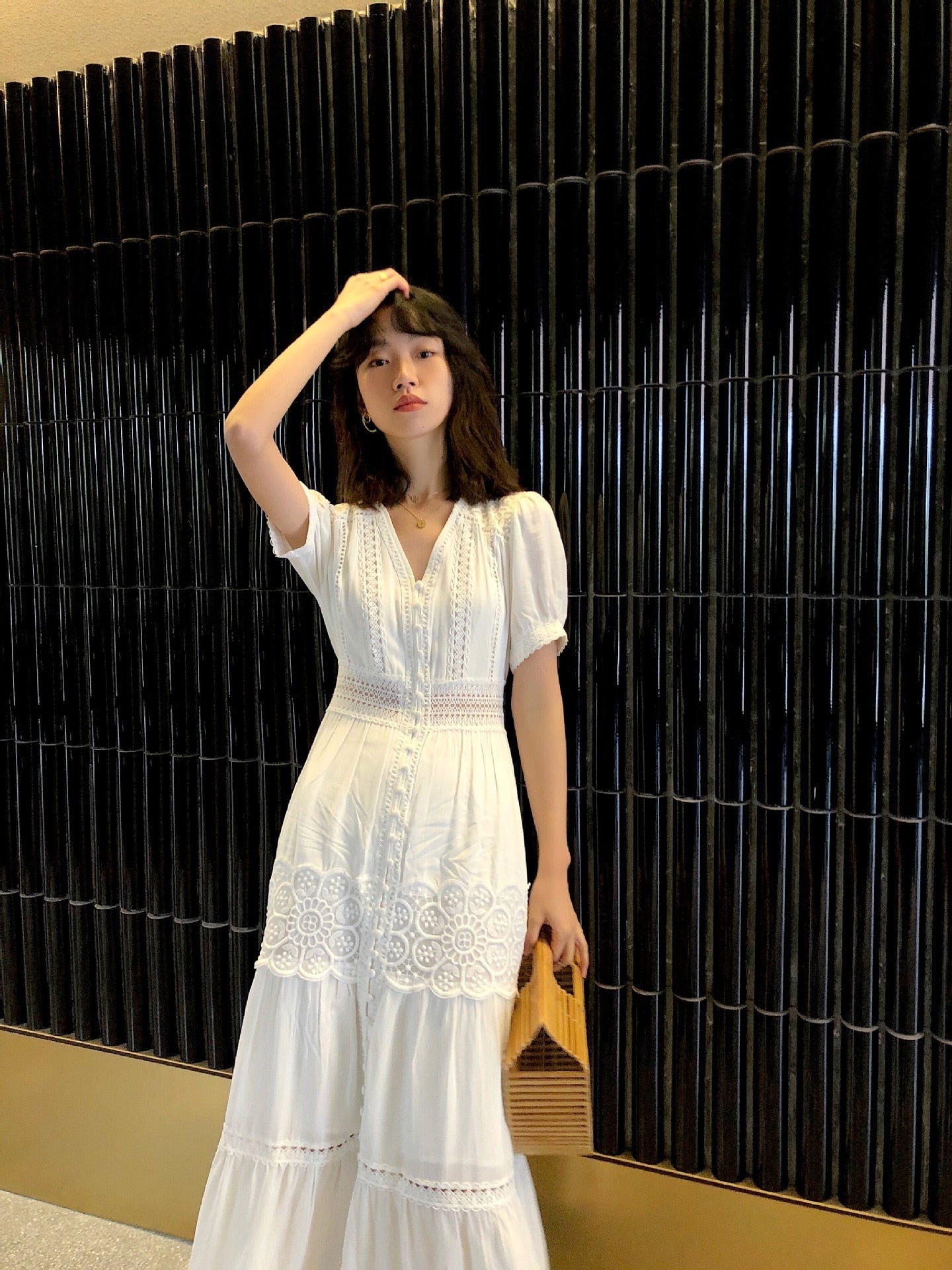 Cotton Patchwork Lace Lantern Sleeve Maxi Dress