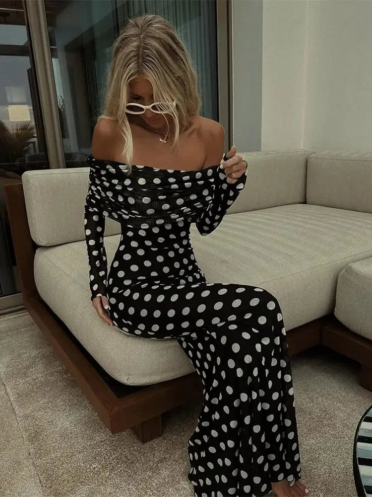Polka Dot Off Shoulder Long Sleeve Mini Dress
