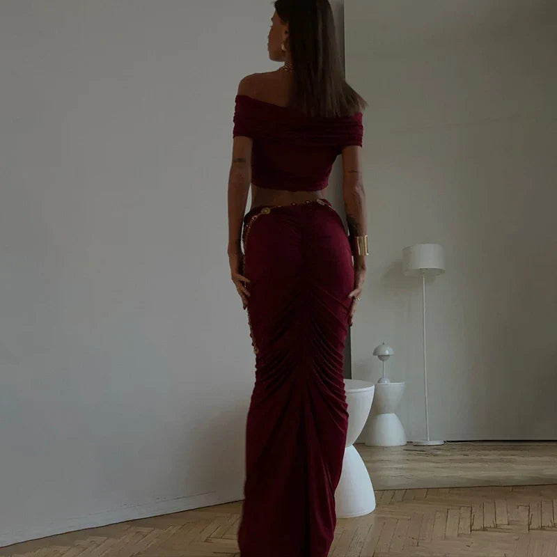Off Shoulder Crop Top Long Skirt Party Dress