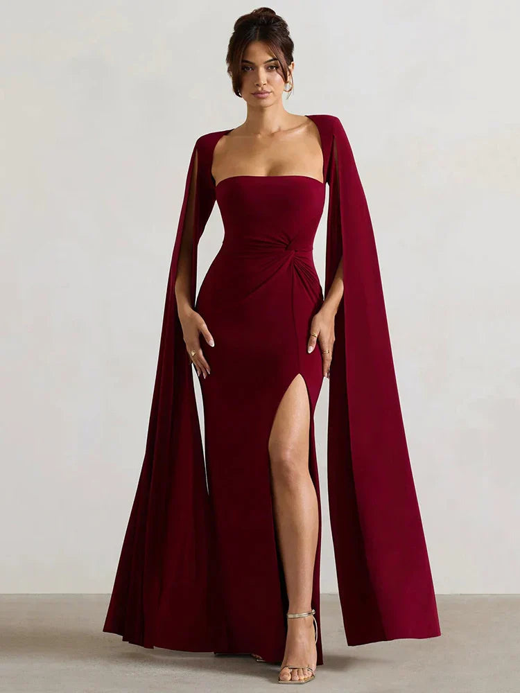 Cape Sleeve High Split Elegant Maxi Dress
