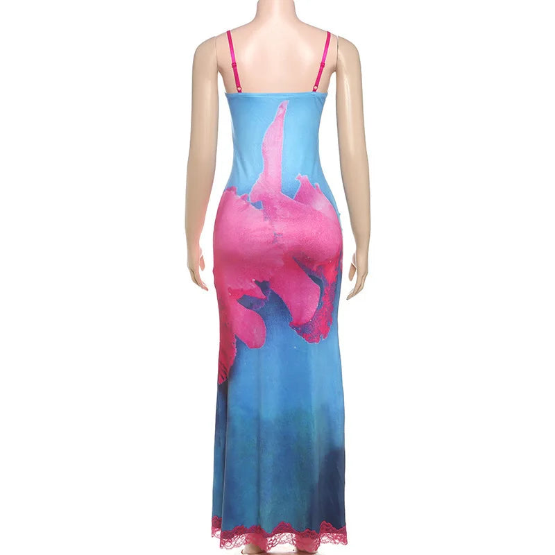 Spaghetti Strap Printed Long Party Dress