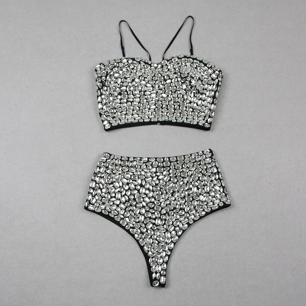 Diamond Decorated High Waist Jumpsuit Party Dress