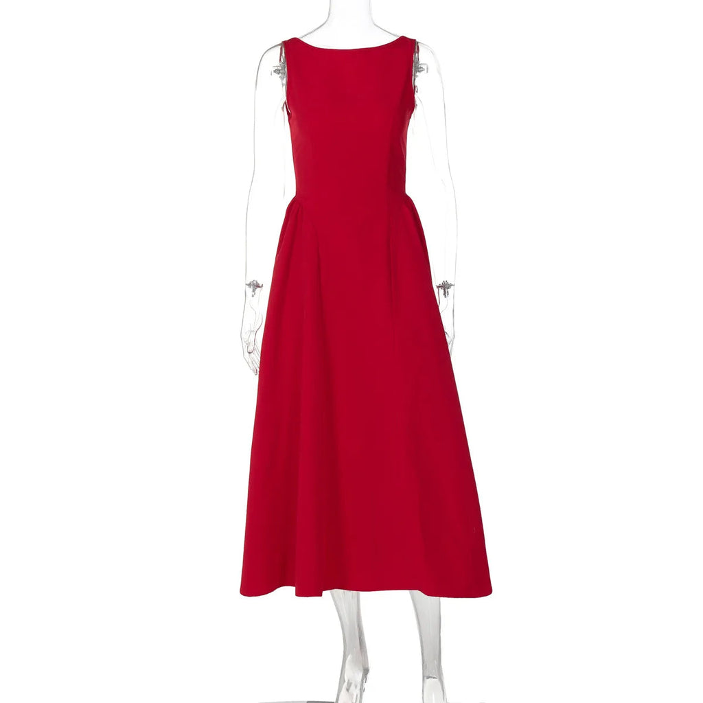 Straight Neck Flared Sleeveless Midi Dress