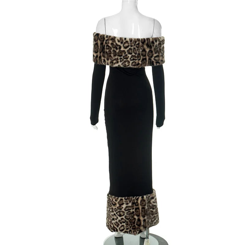 Leopard Print Fluff Spliced Maxi Dress