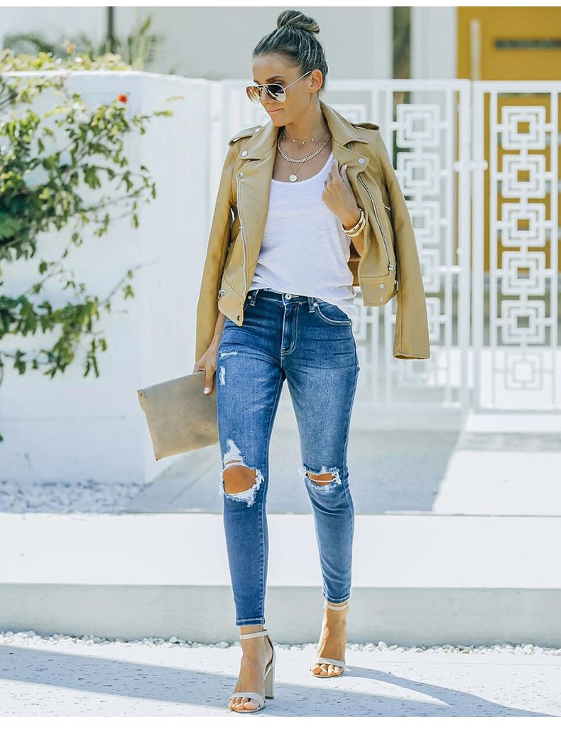 Blue Ripped High Waist Slim Denim Jean