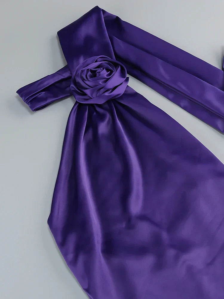 Purple Satin Halter Neck 3D Flower Maxi Dress