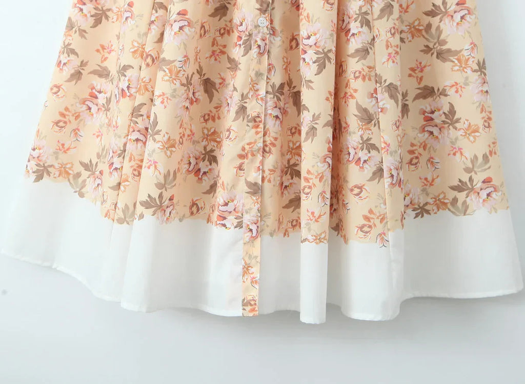 Slash Collar Floral Corset Pleated Midi Dress