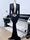 Deep V Neck Long Sleeve Black Party Maxi Dress
