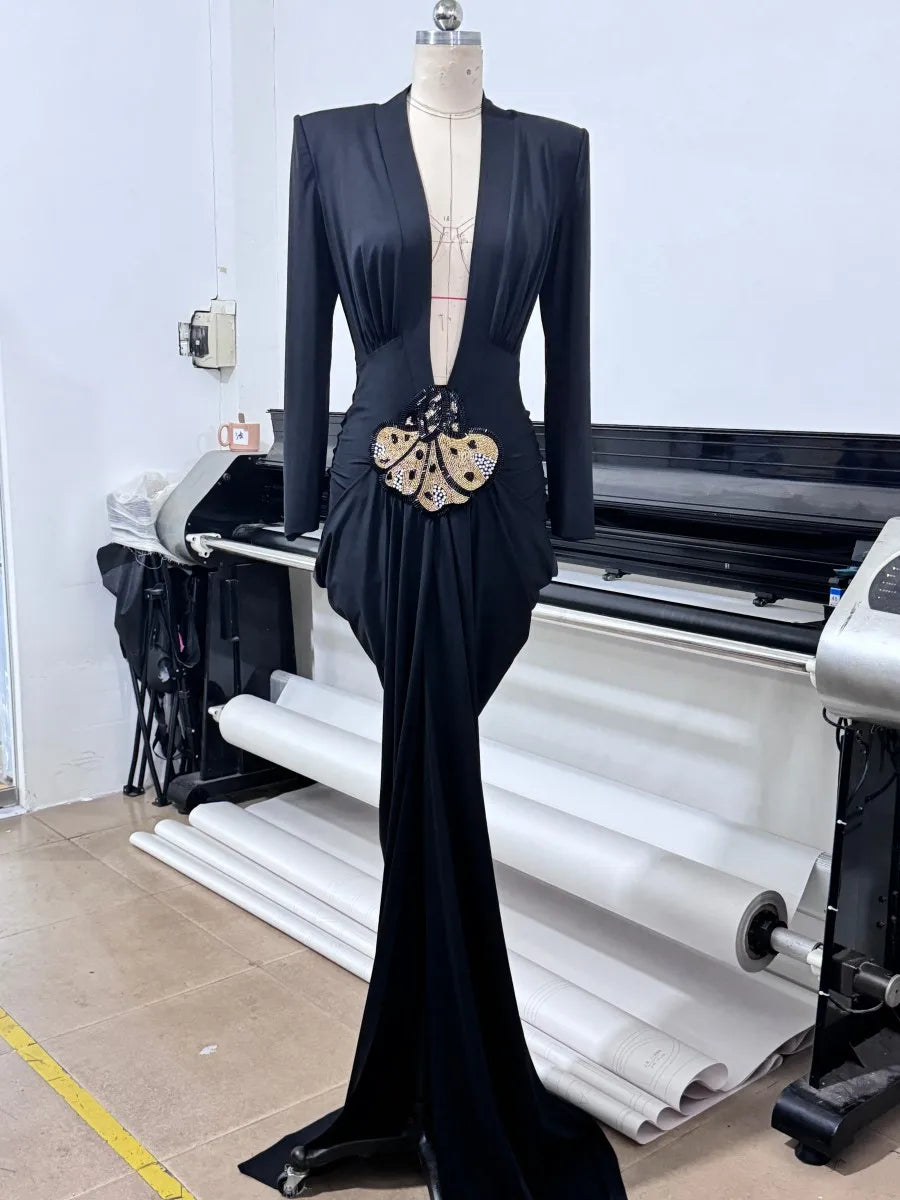 Deep V Neck Long Sleeve Black Party Maxi Dress
