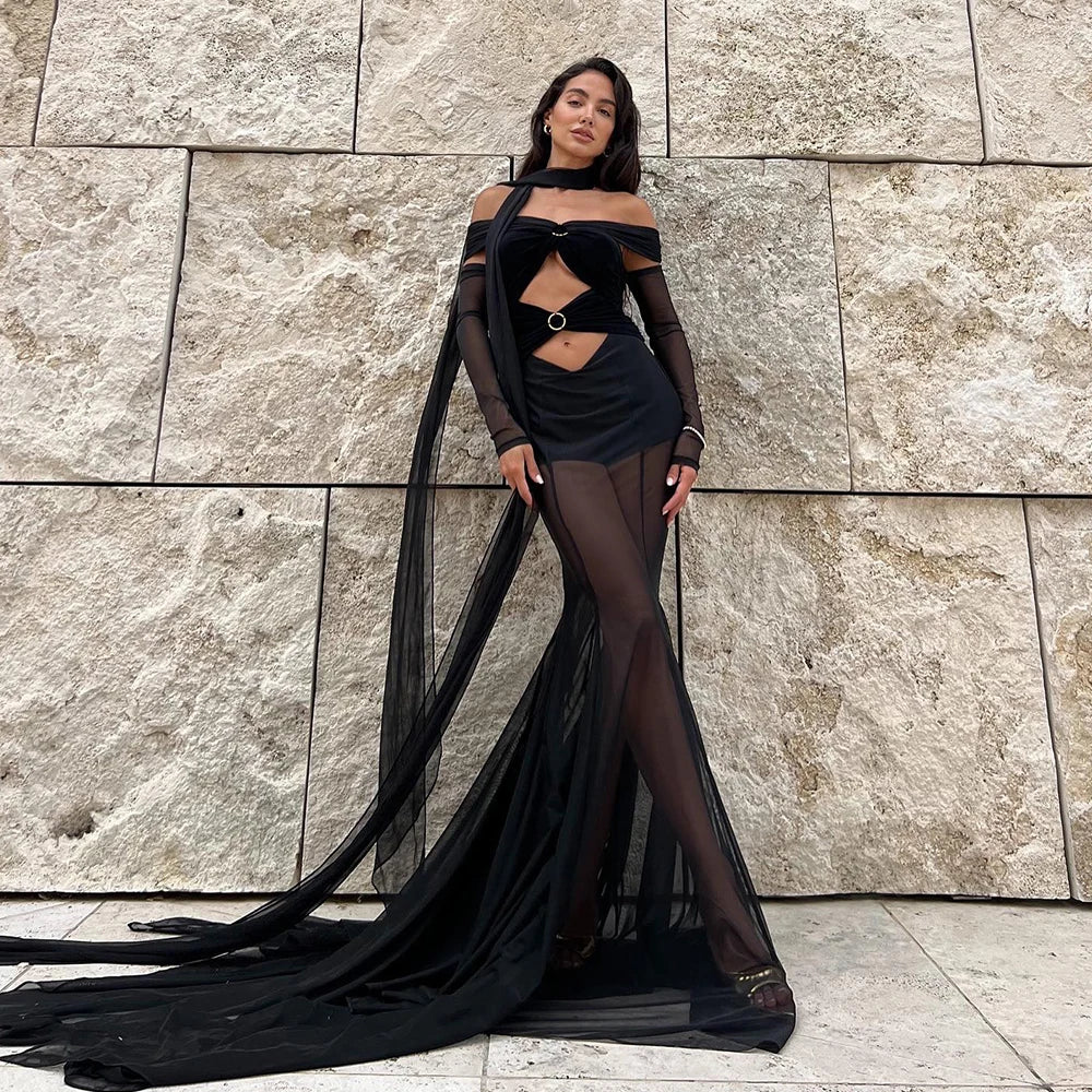 Off-Shoulder Mesh Folded Scarf Maxi Dress