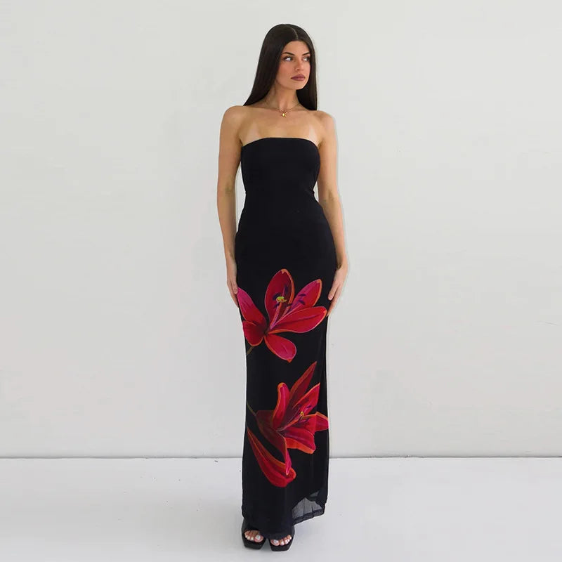 Black Tube Flower Back Tie Maxi Dress
