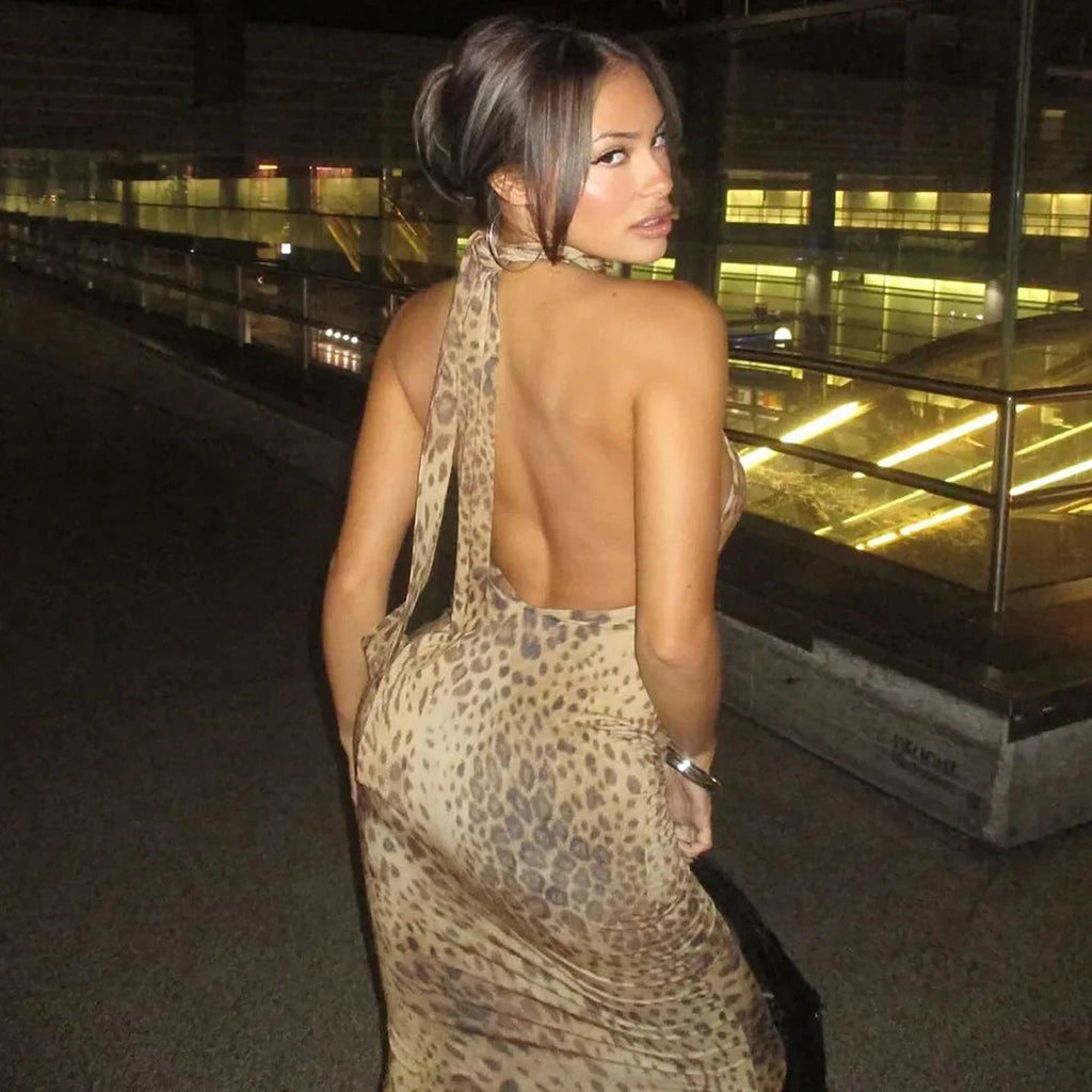 Halter Leopard Embellished Long Party Dress