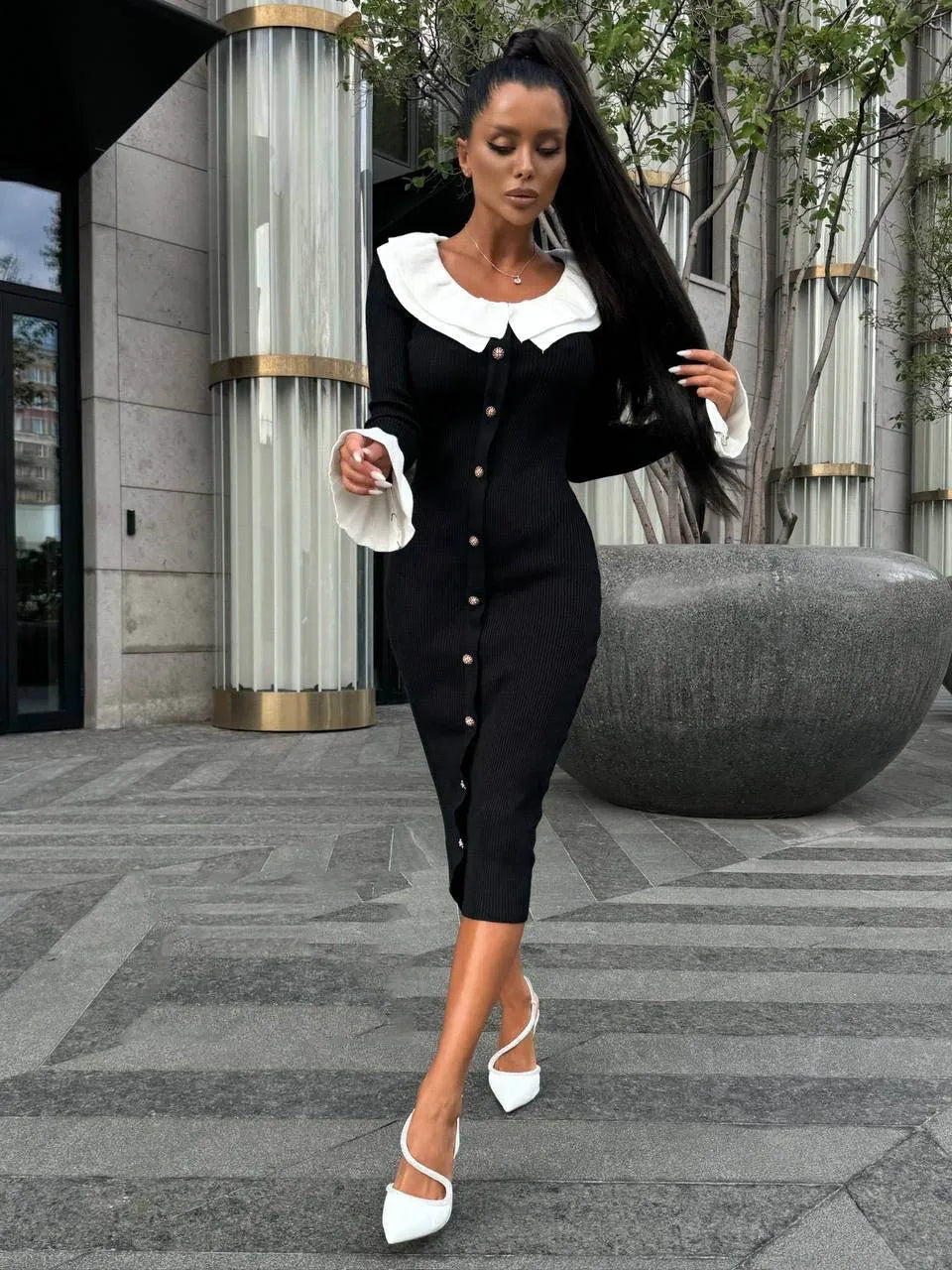 Patchwork Contrast Ribbed Casual Midi Dress