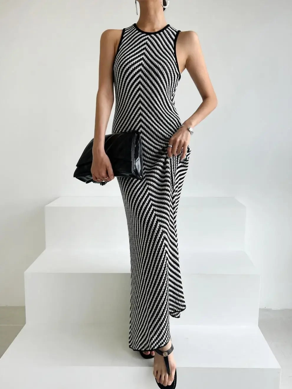 Striped Ribbed Casual Midi Dress