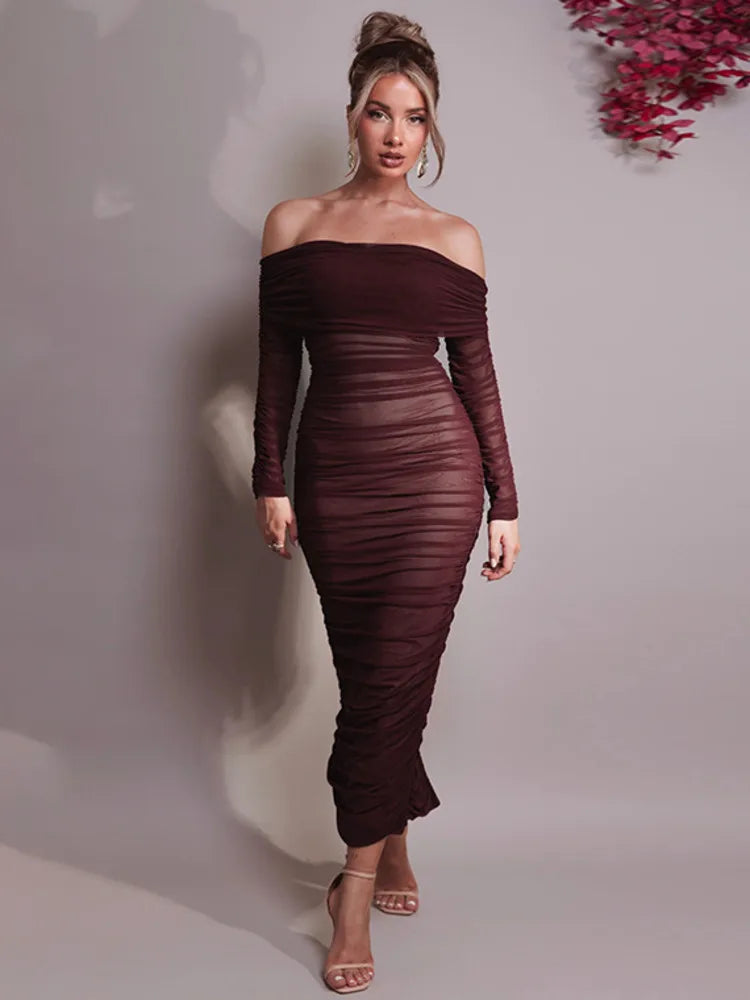 Off Shoulder Slash Neck Solid Maxi Dress