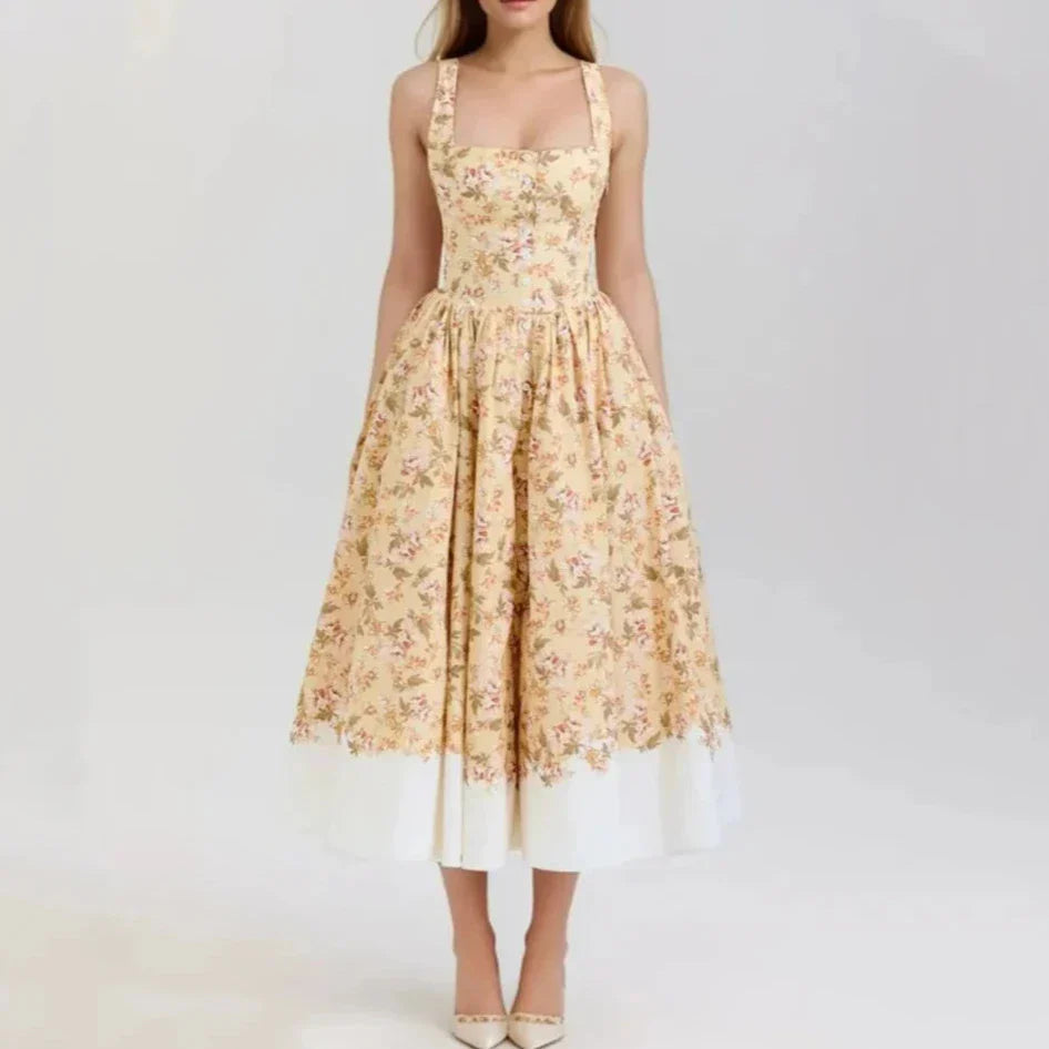 Slash Collar Floral Corset Pleated Midi Dress