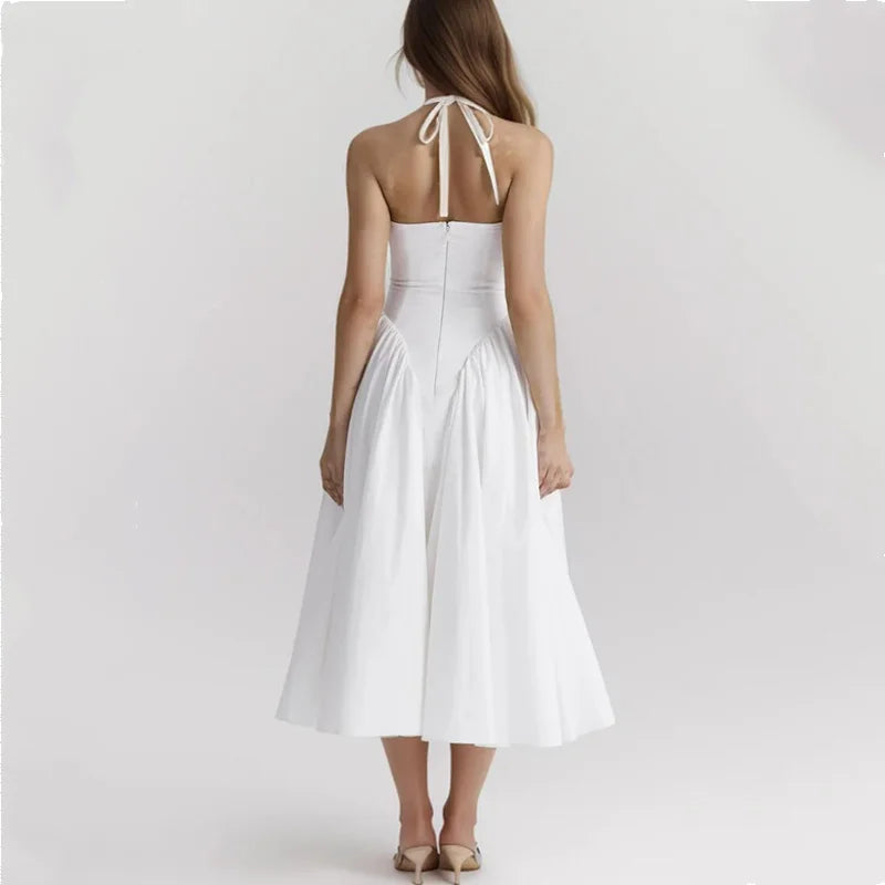 White Bow Halter Pleated Midi Dress