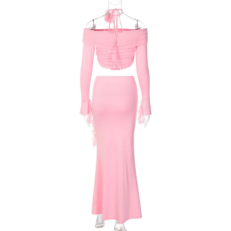 Off Shoulder Crop Top Bodycon Maxi Skirt Set