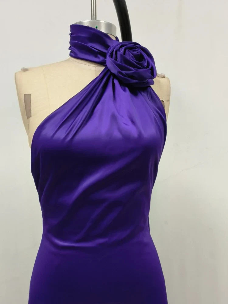 Purple Satin Halter Neck 3D Flower Maxi Dress
