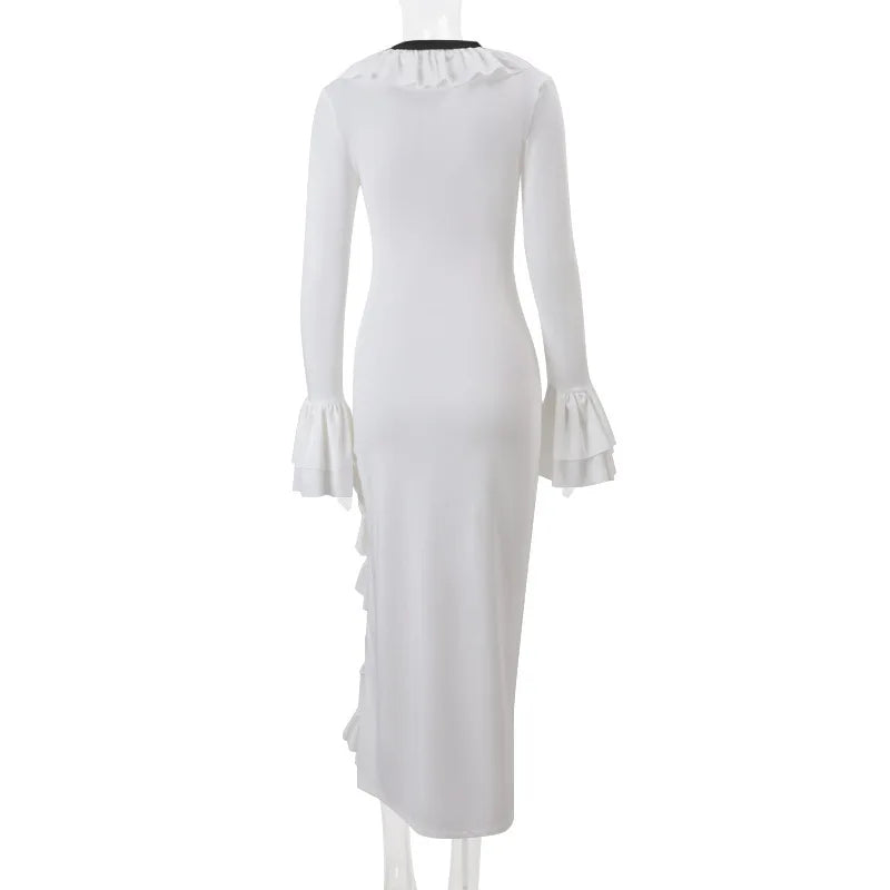 Long Sleeve Ruffled Slit Chic Maxi Dress