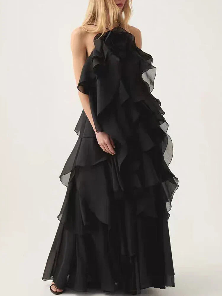 Halter 3D Flower Flounce Loose Maxi Party Dress