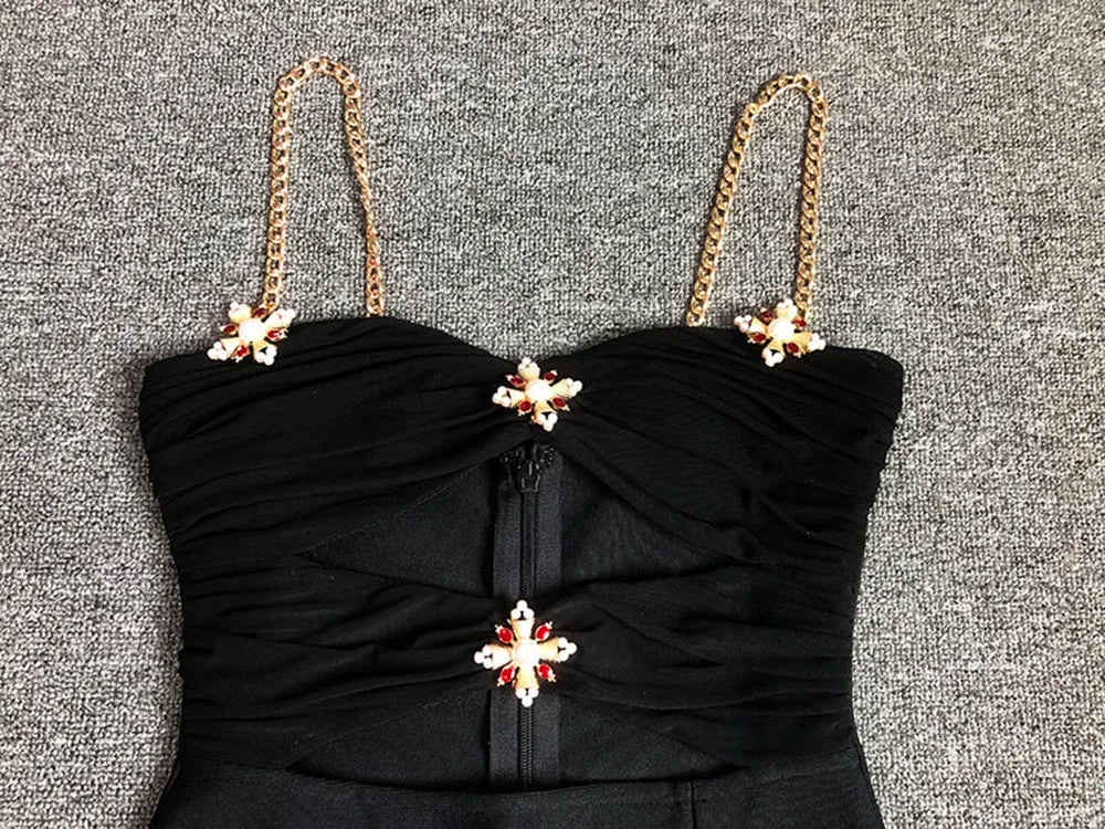 Black Cross Brooch Slit Bandage Midi Dress