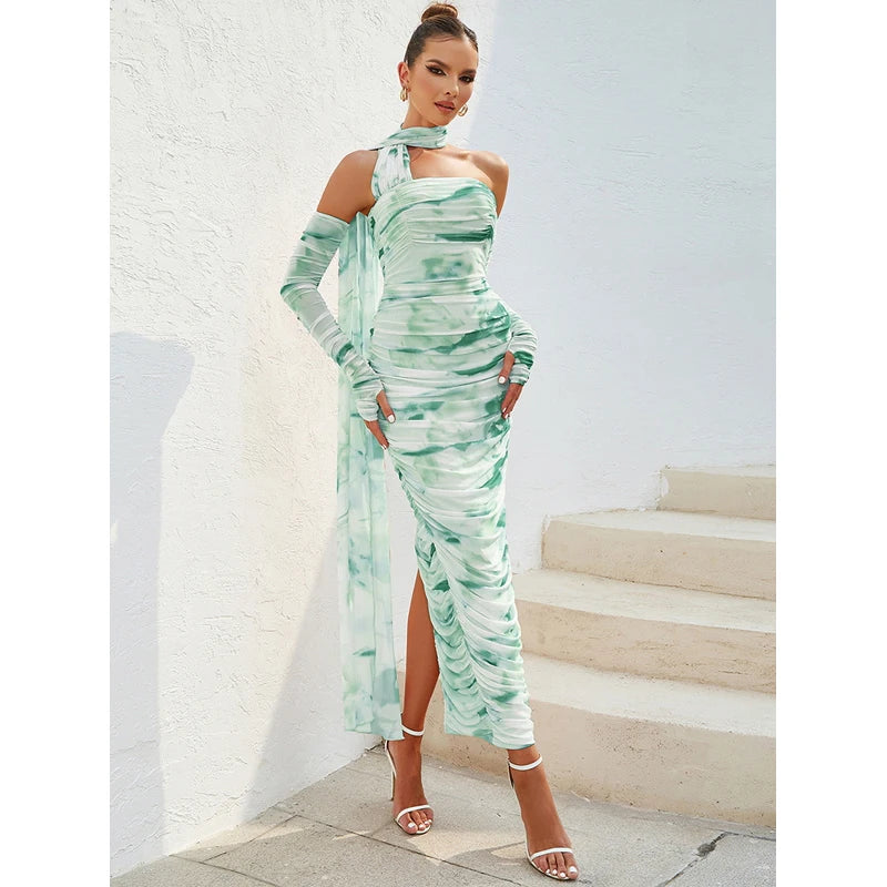 Halter Open Shoulder Printed Lace Midi Dress