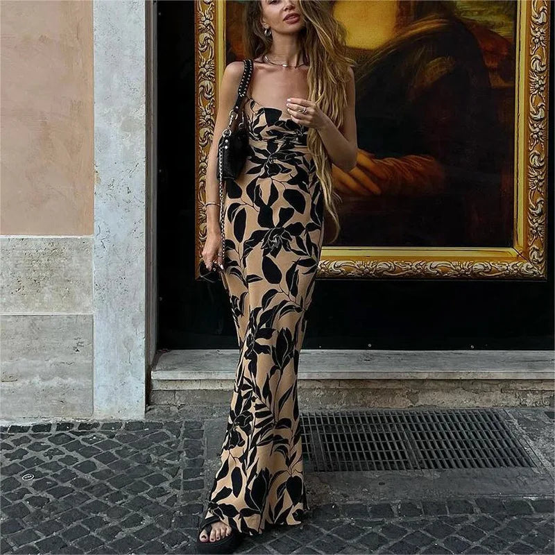 Leopard Print Bodycon Spaghetti Strap Backless Maxi Dress