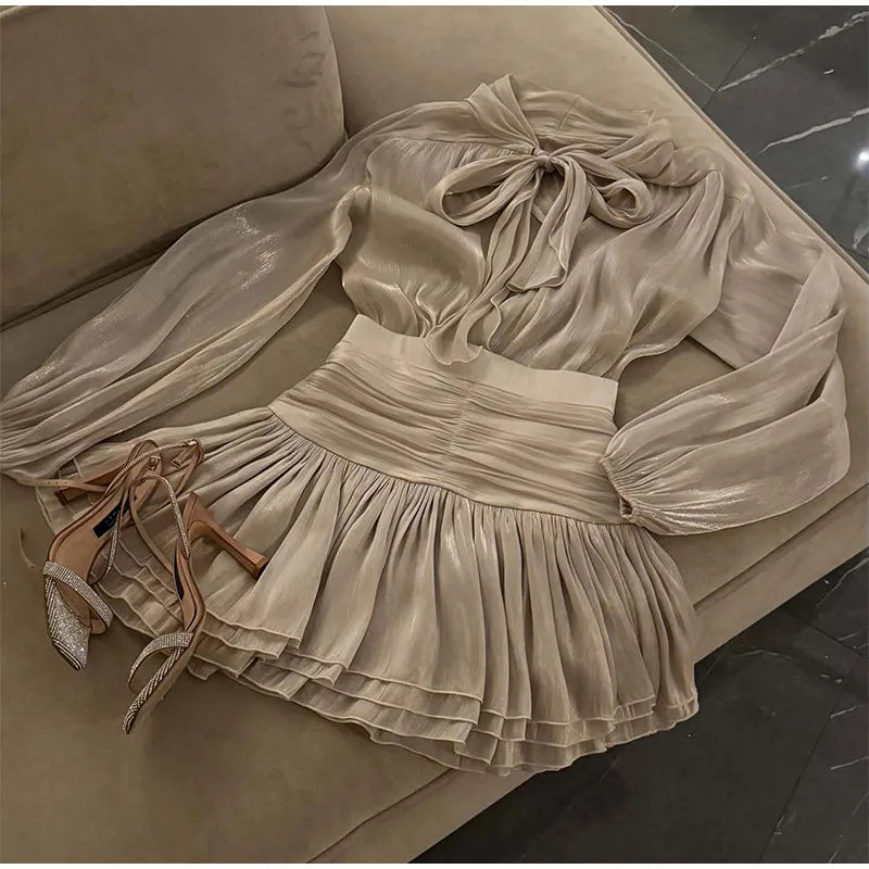 Lantern Sleeve Blouse Pleated Skirt Suit Mini Dress