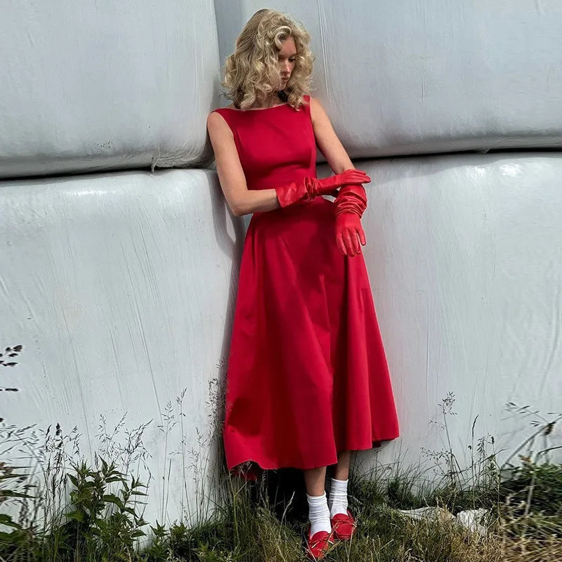 Straight Neck Flared Sleeveless Midi Dress