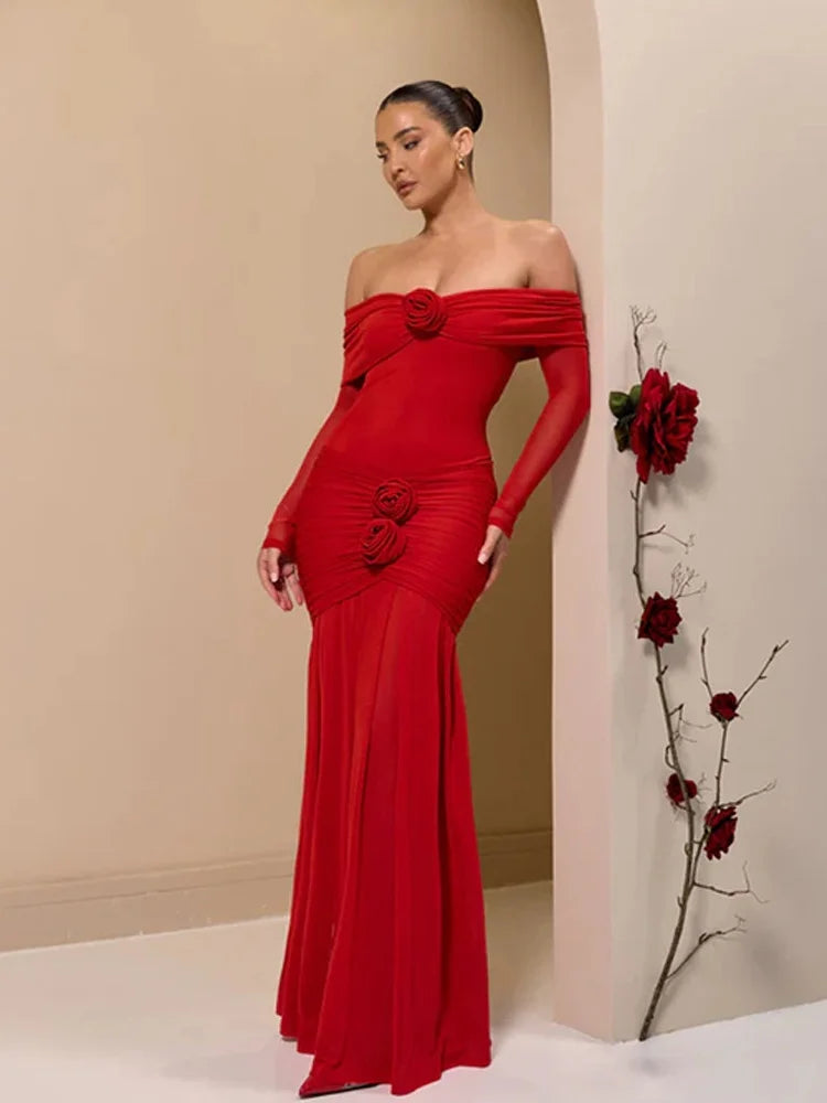 3D Flower Mesh Long Sleeve Fishtail Maxi Dress