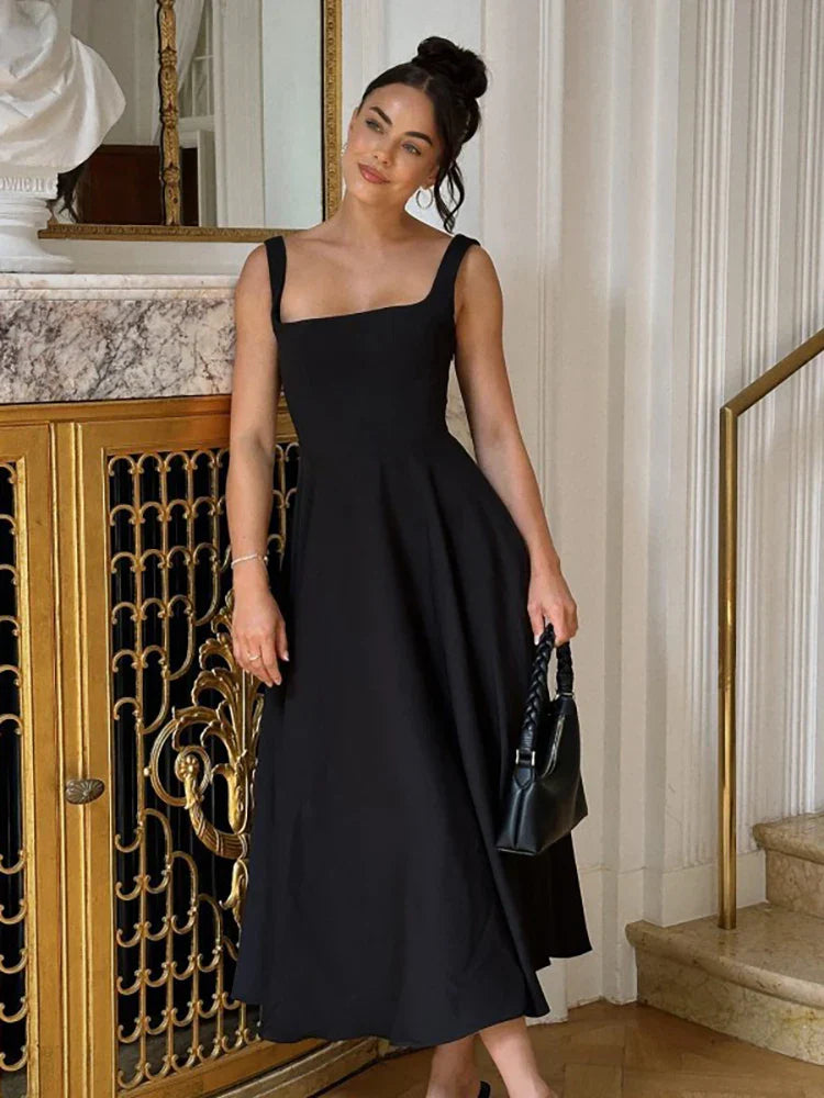 Square Neck Black Strap Spaghetti Maxi Dress