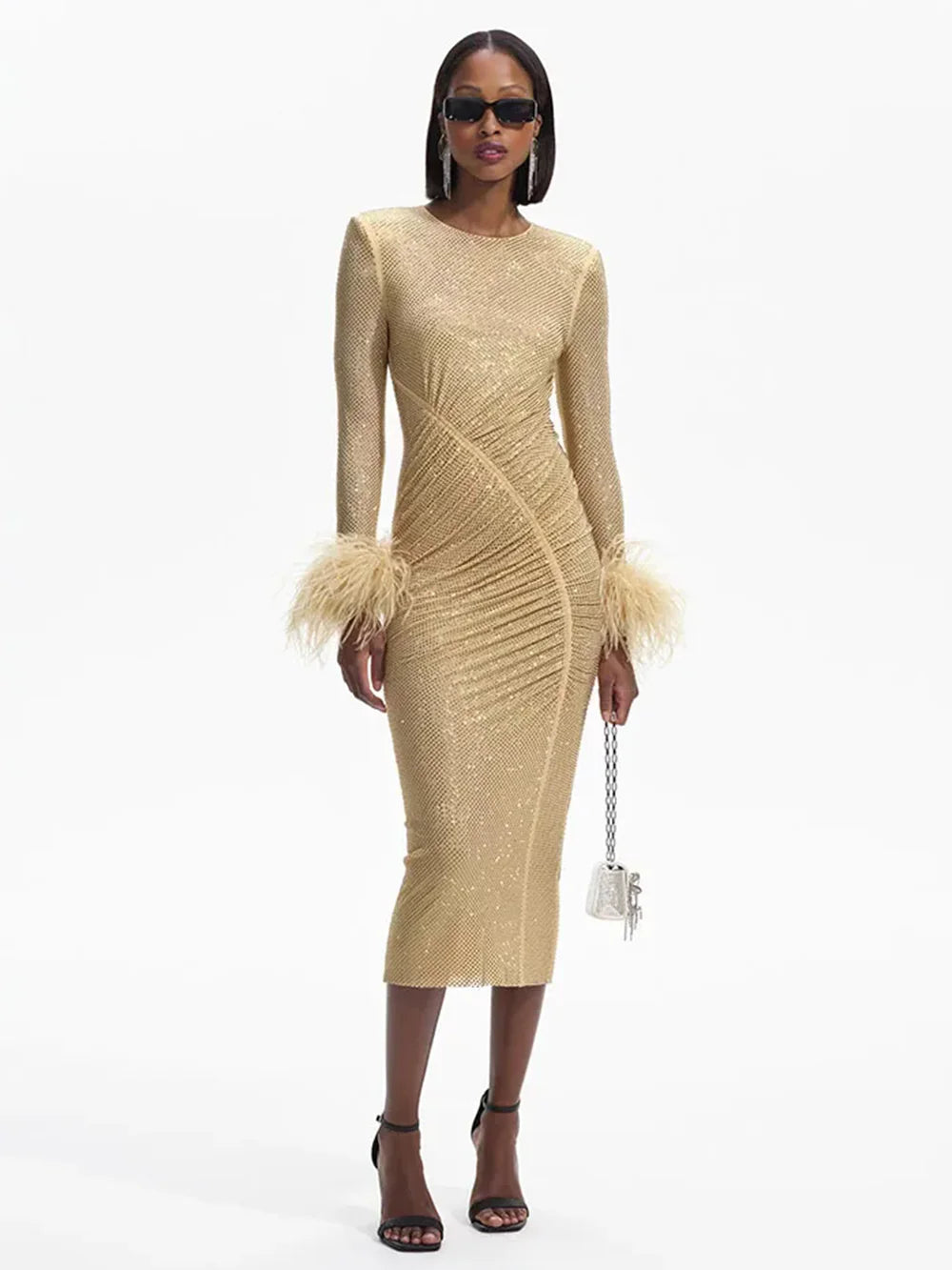 Long Sleeve Feather Rhinestone Midi Party Dress