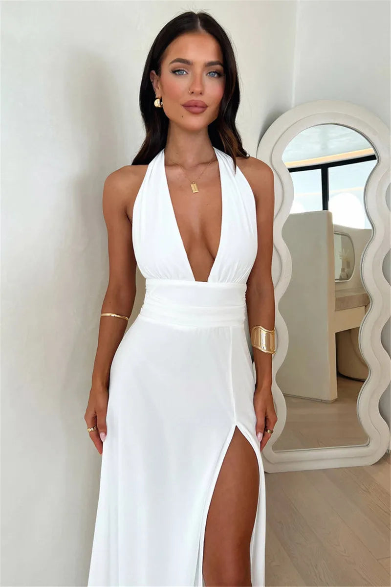 Halter Deep V Neck High Split Strap Maxi Dress