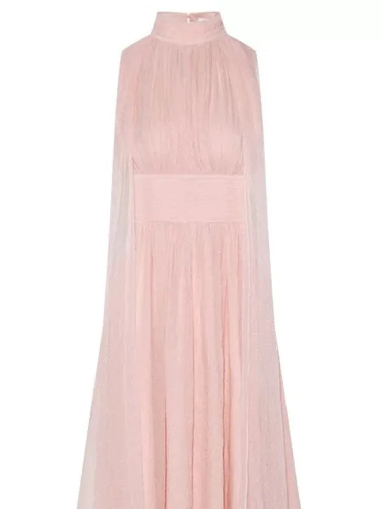Ribbon Sleeveless Pleated Solid Long Party Dress