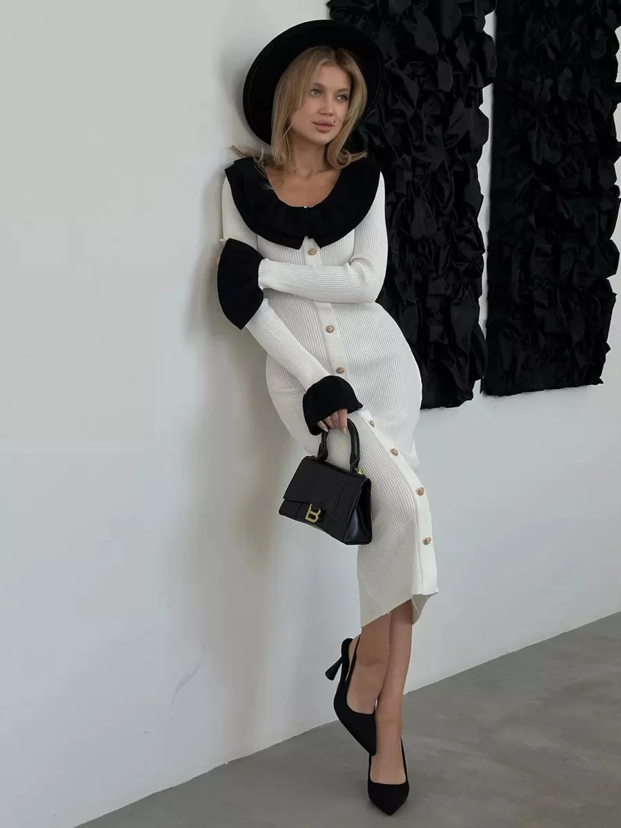 Patchwork Contrast Ribbed Casual Midi Dress