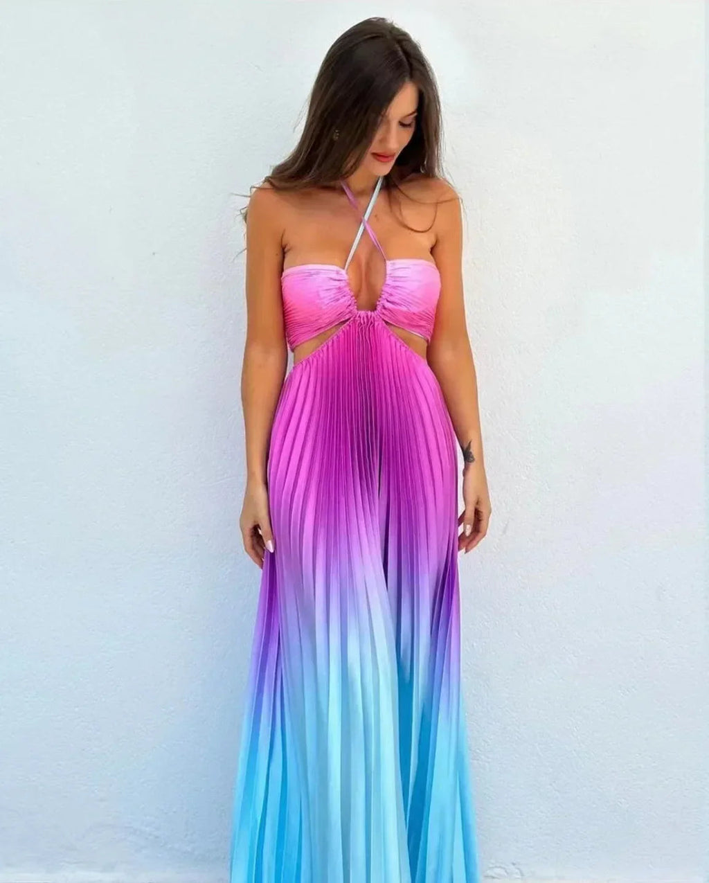 Satin Gradient Pleated Sleeveless Maxi Dress